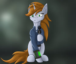 Size: 2600x2160 | Tagged: safe, artist:wailks, oc, oc only, oc:littlepip, pony, unicorn, fallout equestria, :>, abstract background, aiming, aiming at you, clothes, digital art, fallout, fanfic, fanfic art, female, gun, handgun, high res, hooves, little macintosh, looking at you, mare, pipbuck, revolver, sitting, smiling, solo, tail, weapon