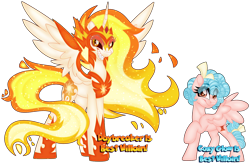 Size: 1280x842 | Tagged: safe, artist:missbramblemele, cozy glow, daybreaker, alicorn, pegasus, pony, g4, antagonist, bow, cozy glow's bow, duo, duo female, eye clipping through hair, eyebrows, eyebrows visible through hair, female, filly, foal, hair bow, mane of fire, mare, simple background, sparkly eyes, spread wings, transparent background, wingding eyes, wings