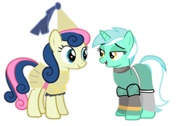Size: 720x516 | Tagged: safe, artist:darlycatmake, bon bon, lyra heartstrings, sweetie drops, earth pony, pony, unicorn, g4, 1000 hours in ms paint, amused, bon bon is amused, cute, female, happy, hennin, knight, knight rescues the princess, lesbian, lidded eyes, looking at each other, looking at someone, lyra is amused, lyrabetes, mare, open mouth, princess, princess bon bon, shipping, simple background, smiling, smiling at each other, together, transparent background, wide eyes