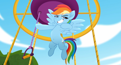 Size: 1920x1040 | Tagged: safe, artist:anonymous, edit, edited screencap, screencap, rainbow dash, pegasus, pony, g4, rainbow roadtrip, armpits, belly button, cute, dashabetes, female, grin, hot air balloon, lidded eyes, looking at you, mare, smiling, solo, spread wings, wings