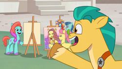 Size: 3410x1920 | Tagged: safe, screencap, delightful trifle, hitch trailblazer, jazz hooves, posey bloom, earth pony, pony, g5, my little pony: tell your tale, the unboxing of izzy, spoiler:g5, spoiler:my little pony: tell your tale, spoiler:tyts01e06, bow, female, high res, male, mare, mona lisa, open mouth, open smile, smiling, stallion, tail, tail bow