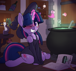 Size: 1936x1820 | Tagged: safe, artist:lockheart, edit, twilight sparkle, ghost, undead, unicorn, semi-anthro, adorkable, beanbrows, blushing, bone hurting juice, boo (super mario), book, candle, cauldron, chest fluff, clothes, colored horn, curved horn, cute, disembodied horn, dork, dress, eye clipping through hair, eyebrows, eyebrows visible through hair, female, hat, horn, image, leg fluff, levitation, love potion, magic, mare, one eye closed, png, potion, shoulder fluff, sitting, smiling, solo, sombra's horn, super mario bros., telekinesis, twiabetes, twibooru import, underhoof, unicorn twilight, wingless, wingless edit, wink, witch, witch hat