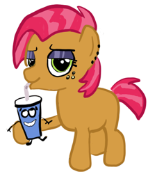 Size: 380x447 | Tagged: safe, artist:anonymous, babs seed, earth pony, pony, g4, cup, drinking, ear piercing, eyeshadow, lidded eyes, looking at you, makeup, piercing, simple background, smiling, solo, white background