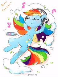 Size: 2400x3200 | Tagged: safe, artist:fuyugi, rainbow dash, pegasus, pony, g4, cellphone, eyes closed, headphones, high res, hooves behind head, listening to music, lying down, music notes, on back, phone, smartphone, solo