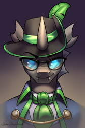 Size: 2000x3000 | Tagged: safe, artist:jedayskayvoker, oc, oc:alibi, changeling, agent 707, bowtie, cape, changeling oc, clothes, crossover, eyebrows, eyebrows visible through hair, fangs, feather, glasses, gradient background, hat, high res, looking at you, male, patreon, patreon reward, solo, spy, spy (tf2), stallion, team fortress 2