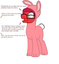Size: 1459x1564 | Tagged: safe, artist:ngthanhphong, oc, oc only, oc:ruby star, earth pony, pony, animal costume, bunny costume, clothes, costume, easter bunny, glasses, offscreen character, simple background, text, transparent background