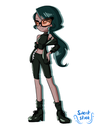 Size: 3111x4000 | Tagged: safe, artist:windywendy29, oc, oc only, oc:silent shot, human, equestria girls, g4, boots, choker, clothes, equestria girls-ified, female, glasses, high heel boots, jacket, midriff, scar, shoes, shorts, simple background, socks, solo, sports bra, sunglasses, white background