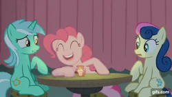 Size: 640x360 | Tagged: safe, screencap, bon bon, lyra heartstrings, pinkie pie, sweetie drops, earth pony, pony, unicorn, g4, season 8, the maud couple, ^^, animated, cute, diapinkes, eyes closed, female, gif, gifs.com, laughing, mare, open mouth, open smile, smiling, trio