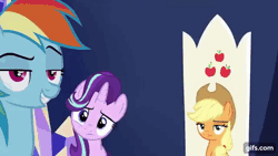 Size: 640x360 | Tagged: safe, screencap, applejack, fluttershy, pinkie pie, rainbow dash, rarity, starlight glimmer, earth pony, pegasus, pony, unicorn, g4, season 6, the crystalling, animated, applejack's hat, close-up, cowboy hat, cutie map, female, friendship throne, gif, gifs.com, grin, hat, mare, smiling, twilight's castle, varying degrees of amusement
