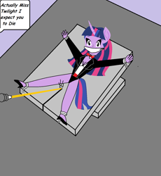 Size: 1198x1302 | Tagged: safe, artist:walnutwilly, twilight sparkle, unicorn, anthro, g4, bondage, bound and gagged, breasts, cloth gag, clothes, costume, danger, dialogue, female, gag, goldfinger, hoodie, horn, imminent death, james bond, laser, offscreen character, peril, reference, scene interpretation, solo, speech bubble, this is going to hurt, this will end in death, this will end in tears, this will end in tears and/or death