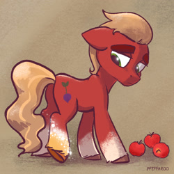 Size: 2048x2048 | Tagged: safe, artist:pfeffaroo, applejack, sprout cloverleaf, earth pony, pony, g4, g5, apple, butt, character to character, female to male, food, g4 to g5, generation leap, high res, plot, solo, sprout and his heroine, transformation, transgender transformation