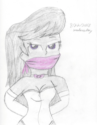 Size: 1574x2022 | Tagged: safe, artist:bluesplendont, octavia melody, human, equestria girls, g4, bored, cloth gag, gag, lidded eyes, looking at you, solo, tied up, traditional art