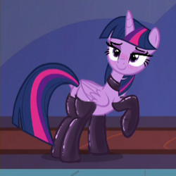 Size: 251x251 | Tagged: safe, artist:anonymous, edit, edited screencap, screencap, twilight sparkle, alicorn, pony, bedroom eyes, blushing, clothes, episode needed, female, latex, latex socks, looking back, mare, raised hoof, smiling, socks, solo, stockings, thigh highs, twilight sparkle (alicorn)