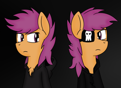 Size: 1024x745 | Tagged: safe, artist:atomponies, scootaloo, pegasus, pony, fanfic:rainbow factory, g4, 2013, absentia, alternate hairstyle, black background, black hoodie, clothes, duality, eyepatch, factory scootaloo, fanfic art, female, frown, hoodie, looking at each other, looking at someone, mare, messy mane, simple background