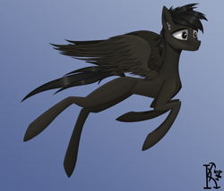 Size: 2800x2400 | Tagged: safe, artist:kirov, oc, oc only, pegasus, pony, brown coat, ear fluff, eyebrows, feathered wings, flying, gradient background, gray eyes, grey hair, high res, male, solo, spread wings, stallion, wings