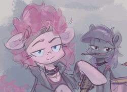 Size: 1652x1200 | Tagged: safe, artist:krista-21, maud pie, pinkie pie, earth pony, pony, g4, abstract background, clothes, drums, drumsticks, duo, duo female, female, guitar, mouth hold, musical instrument, rock, siblings, sisters