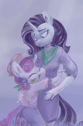 Size: 793x1200 | Tagged: safe, artist:krista-21, rarity, sweetie belle, unicorn, anthro, g4, sisterhooves social, abstract background, belle sisters, clothes, cute, diasweetes, dirty, dress, duo, female, hat, hug, looking at someone, open mouth, open smile, shirt, sibling love, siblings, sisterly love, sisters, smiling