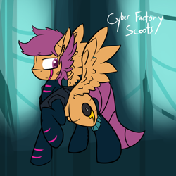 Size: 750x750 | Tagged: safe, artist:conmanwolf, scootaloo, pegasus, pony, fanfic:rainbow factory, g4, absentia, absentia's cutie mark, cyberpunk, ear fluff, factory scootaloo, fanfic art, female, frown, looking back, messy mane, raised hoof, solo, spread wings, wings