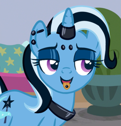 Size: 625x651 | Tagged: safe, artist:anonymous, edit, edited screencap, screencap, trixie, pony, unicorn, a horse shoe-in, g4, altered cutie mark, barbell piercing, bedroom eyes, bridge piercing, cropped, dyed mane, dyed tail, ear piercing, eyeshadow, female, goth, horn, horn ring, industrial piercing, lidded eyes, lipstick, makeup, mare, open mouth, open smile, piercing, ring, smiling, solo, tail, tongue out, tongue piercing