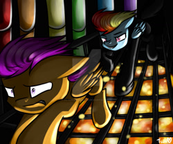 Size: 1024x854 | Tagged: safe, artist:silverlunarscape, rainbow dash, scootaloo, pegasus, pony, fanfic:rainbow factory, 2015, black suit, chase, deviantart watermark, dyed tail, evil grin, fanfic art, female, filly, foal, folded wings, grin, gritted teeth, liquid rainbow, looking at someone, looking forward, mare, obtrusive watermark, pegasus device, rainbow factory dash, running, shrunken pupils, smiling, spectra, tail, teeth, this will end in death, this will end in tears, this will end in tears and/or death, watermark, wings