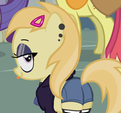 Size: 372x348 | Tagged: safe, artist:anonymous, edit, edited screencap, screencap, big macintosh, carrot top, golden harvest, noi, rarity, earth pony, pony, g4, background pony, bedroom eyes, butt, clothes, cropped, crowd, ear piercing, eyeshadow, female, filly, foal, hairclip, hoodie, looking at you, looking back, looking back at you, makeup, male, mare, piercing, plot, shirt, shorts, socks, stallion, thigh highs, tongue out, wide eyes