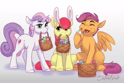 Size: 1800x1200 | Tagged: safe, artist:silentwulv, apple bloom, scootaloo, sweetie belle, earth pony, pegasus, pony, unicorn, g4, adorabloom, basket, bunny ears, candy, cute, cutealoo, cutie mark crusaders, diasweetes, easter egg, eating, female, filly, foal, food, mouth hold