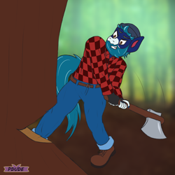 Size: 3000x3000 | Tagged: safe, artist:pdude, oc, oc:azulito, anthro, plantigrade anthro, axe, beanie, beard, boots, clothes, facial hair, grin, hat, high res, jeans, lumberjack, male, pants, shoes, sketch, smiling, weapon