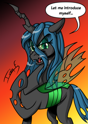 Size: 2481x3508 | Tagged: safe, artist:memprices, queen chrysalis, changeling, changeling queen, canterlot wedding 10th anniversary, g4, comic style, dreamworks face, eye clipping through hair, eyebrows, eyebrows visible through hair, female, gradient background, high res, hoof on chest, looking at you, open mouth, open smile, shading, signature, smiling, smiling at you, solo, speech bubble, talking to viewer, text