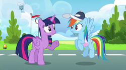 Size: 720x404 | Tagged: safe, screencap, rainbow dash, twilight sparkle, alicorn, pony, g4, top bolt, coach rainbow dash, coaching cap, thumbnail, towel, twilight sparkle (alicorn), youtube link