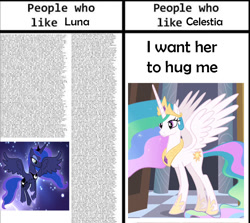 Size: 1080x965 | Tagged: safe, princess celestia, princess luna, alicorn, pony, g4, female, fine print, mare, meme, people who like x, people who like x meme, royal sisters, siblings, sisters, smiling, text, wall of text, wholesomeness in the comments