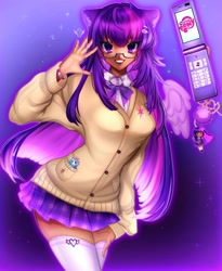 Size: 1080x1314 | Tagged: safe, artist:tew_dee, princess celestia, twilight sparkle, human, unicorn, blouse, bowtie, bracelet, cardigan, charm, clothes, cute, dark skin, detailed, detailed background, eyebrows, eyebrows visible through hair, female, glasses, glowing, grin, hairpin, humanized, jewelry, keychain, painted nails, phone, pleated skirt, skirt, smiling, socks, solo, sparkles, thigh highs, wave, winged humanization, wings