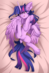 Size: 1280x1921 | Tagged: safe, artist:natanvok, twilight sparkle, alicorn, pony, g4, belly, body pillow, body pillow design, chest fluff, colored wings, dock, ear fluff, featureless crotch, female, fluffy, gradient wings, lying down, mare, on back, partially open wings, slender, solo, tail, thin, tongue out, twilight sparkle (alicorn), unshorn fetlocks, wings