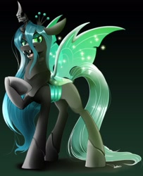 Size: 2338x2877 | Tagged: safe, artist:dormin-dim, queen chrysalis, changeling, changeling queen, canterlot wedding 10th anniversary, g4, crown, female, hair, high res, jewelry, long tail, open mouth, regalia, solo, spread wings, tail, wings