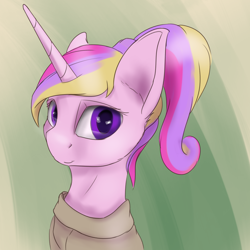 Size: 2160x2160 | Tagged: safe, artist:tenebrisnoctus, princess cadance, alicorn, pony, canterlot wedding 10th anniversary, g4, abstract background, bust, clothes, high res, looking at you, portrait, smiling, solo, sweater, younger