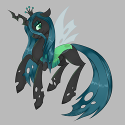 Size: 1000x1000 | Tagged: safe, artist:sphexvirart, queen chrysalis, changeling, changeling queen, canterlot wedding 10th anniversary, g4, crown, female, gray background, jewelry, looking at you, regalia, simple background, smiling, transparent wings, wings