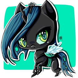 Size: 1378x1378 | Tagged: safe, artist:azoart9, queen chrysalis, changeling, pony, canterlot wedding 10th anniversary, g4, abstract background, big head, looking at you, solo