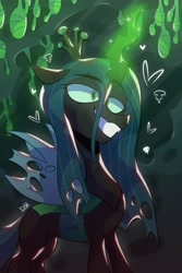 Size: 1080x1620 | Tagged: safe, artist:dinxart, queen chrysalis, changeling, canterlot wedding 10th anniversary, g4, glowing, glowing horn, heart, horn, smiling, solo