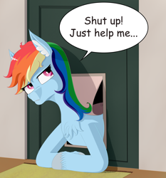 Size: 2956x3168 | Tagged: safe, artist:drakang, rainbow dash, pegasus, pony, g4, catflap, chest fluff, female, high res, mare, pet door, solo, speech bubble, stuck, talking to viewer