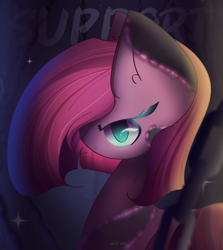 Size: 2050x2300 | Tagged: safe, artist:miryelis, pinkie pie, earth pony, pony, g4, chains, cute, cuteamena, female, green eyes, high res, looking at you, pinkamena diane pie, serious, short hair, solo, text, transformation
