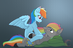 Size: 4606x3043 | Tagged: safe, artist:chiiscarlet, rainbow dash, oc, oc:dark rainbow, pegasus, pony, g4, blushing, canon x oc, commission, cuddling, cute, darsh, duo, eye contact, female, female on male, looking at each other, looking at someone, lying down, male, mare, pegasus oc, shipping, simple background, stallion, straight, tongue out, ych result