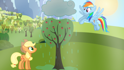 Size: 1280x720 | Tagged: safe, artist:mlplary6, applejack, rainbow dash, earth pony, pegasus, pony, g4, apple, apple tree, applejack's hat, cloud, cowboy hat, earth day, female, flying, friends, hairband, hat, mare, rain, smiling, spread wings, sun, tail, tail band, tree, wings