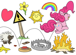 Size: 3632x2640 | Tagged: safe, artist:doodledonutart, pinkie pie, earth pony, pony, porcupine, g4, banana peel, bear trap, bonfire, bouncing, comic, female, fire, high res, landmine, lego, mare, one-panel comic, pronking, simple background, solo, weapon, white background