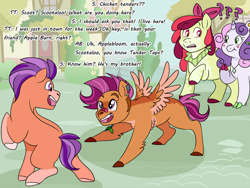 Size: 1280x960 | Tagged: safe, artist:itsvoids, apple bloom, scootaloo, sweetie belle, tender taps, earth pony, pegasus, pony, unicorn, g4, on your marks, alternate design, alternate universe, brother and sister, colt, cutie mark crusaders, dialogue, female, filly, foal, male, missing cutie mark, question mark, siblings, spread wings, wings
