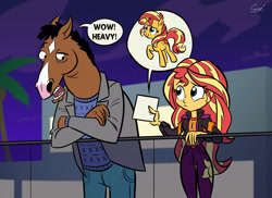 Size: 2338x1700 | Tagged: safe, artist:martonszucsstudio, sunset shimmer, horse, human, pony, unicorn, anthro, equestria girls, g4, bojack horseman, crossover, female, furry confusion, male, mare, paper, speech bubble