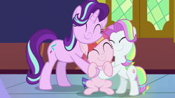 Size: 1280x720 | Tagged: safe, screencap, coconut cream, starlight glimmer, toola roola, earth pony, pony, unicorn, fame and misfortune, g4, season 7, :t, ^^, c:, cheek squish, coconut cute, cute, daaaaaaaaaaaw, eyes closed, female, filly, foal, glimmerbetes, group hug, hnnng, hug, mare, multicolored hair, multicolored mane, roolabetes, smiling, squishy cheeks, trio, trio female, twilight's castle, weapons-grade cute