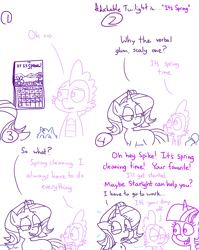 Size: 4779x6013 | Tagged: safe, artist:adorkabletwilightandfriends, spike, starlight glimmer, twilight sparkle, oc, oc:pinenut, alicorn, cat, dragon, pony, unicorn, comic:adorkable twilight and friends, g4, adorkable, adorkable twilight, comic, cute, dork, excuses, exposed, happy, humor, spring, tail, twilight sparkle (alicorn)