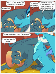 Size: 857x1120 | Tagged: safe, artist:queencold, dragon lord torch, princess ember, dragon, comic:awaken, g4, comic, dragon lord ember, dragoness, father and child, father and daughter, female, male, older, older ember, speech bubble, torch
