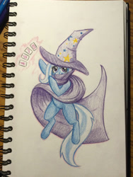 Size: 2448x3264 | Tagged: safe, artist:shubbgurrath, trixie, pony, unicorn, g4, cape, card, clothes, female, happy, hat, high res, jumping, mare, solo, traditional art, trixie's cape, trixie's hat