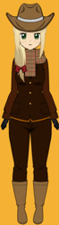 Size: 335x1263 | Tagged: safe, artist:roseprincessmitia, applejack, human, g4, belt, boots, bow, bowtie, clothes, cowboy boots, cowboy hat, cropped, female, gloves, hat, humanized, jacket, jeans, kisekae, pants, scare, shirt, shoes, simple background, solo, yellow background