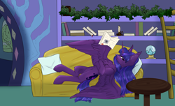 Size: 2976x1810 | Tagged: safe, artist:place__foxxx, oc, oc only, oc:twilight bloom, alicorn, pony, alicorn oc, belly, book, bookshelf, candle, chest fluff, couch, crossed hooves, ear fluff, eyebrows, eyebrows visible through hair, female, high res, horn, ladder, large wings, lying down, mare, on back, partially open wings, pillow, relaxed wings, shelf, smiling, solo, spread wings, table, wing hold, wings